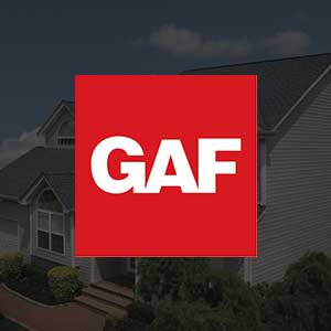 GAF logo on top of house with asphalt shingles